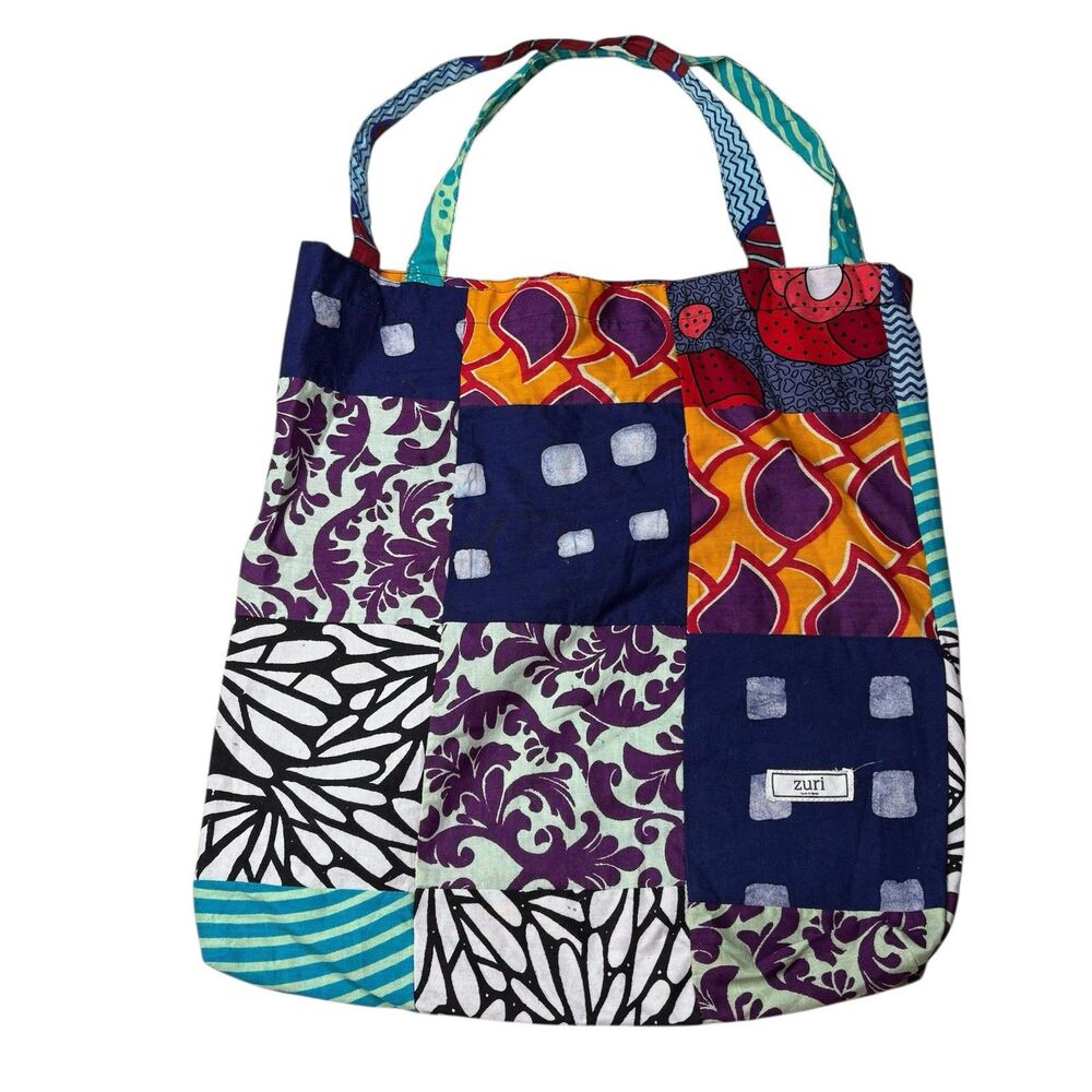 Zuri  Blue Purple Cloth Tote Bag  Kenya Cotton Patchwork  16.75” x 15 “ Preowned